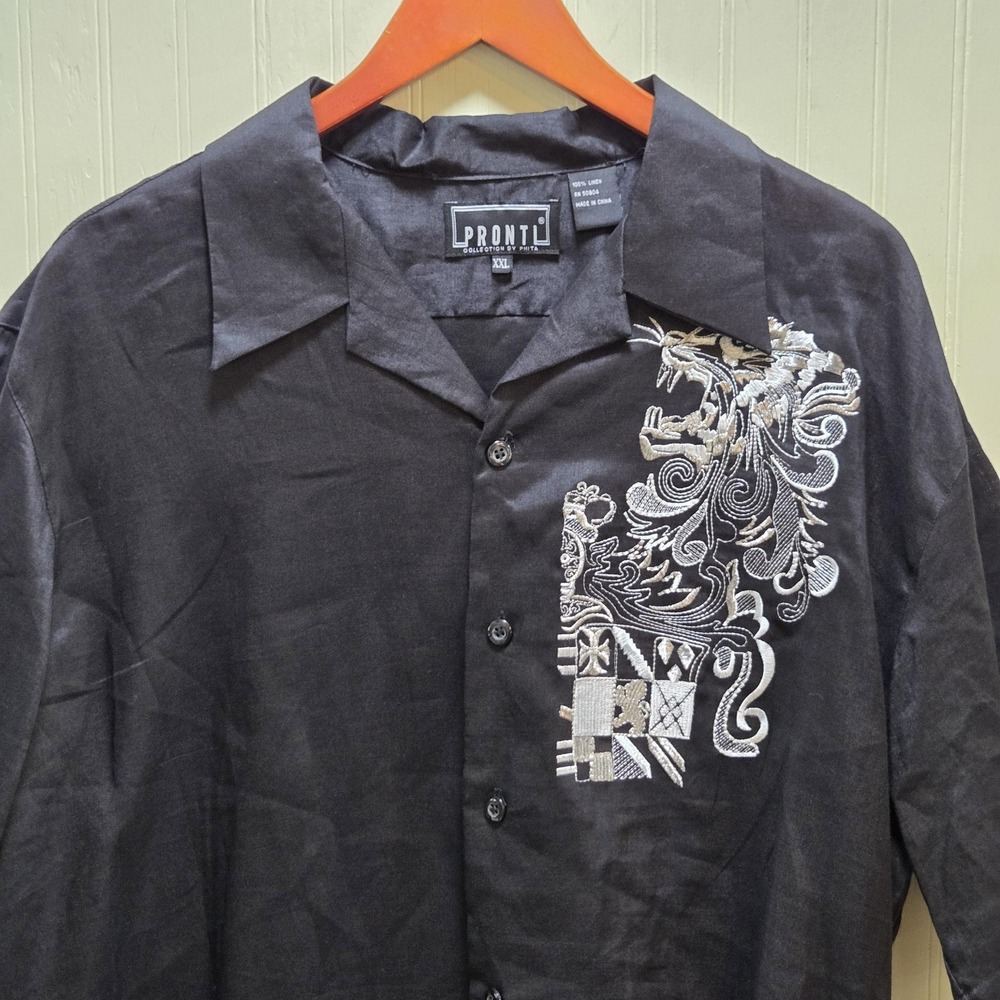 Pronti‎ Shirt Mens 2XL Black Embroidered Graphic Short Sleeve Linen Button Up